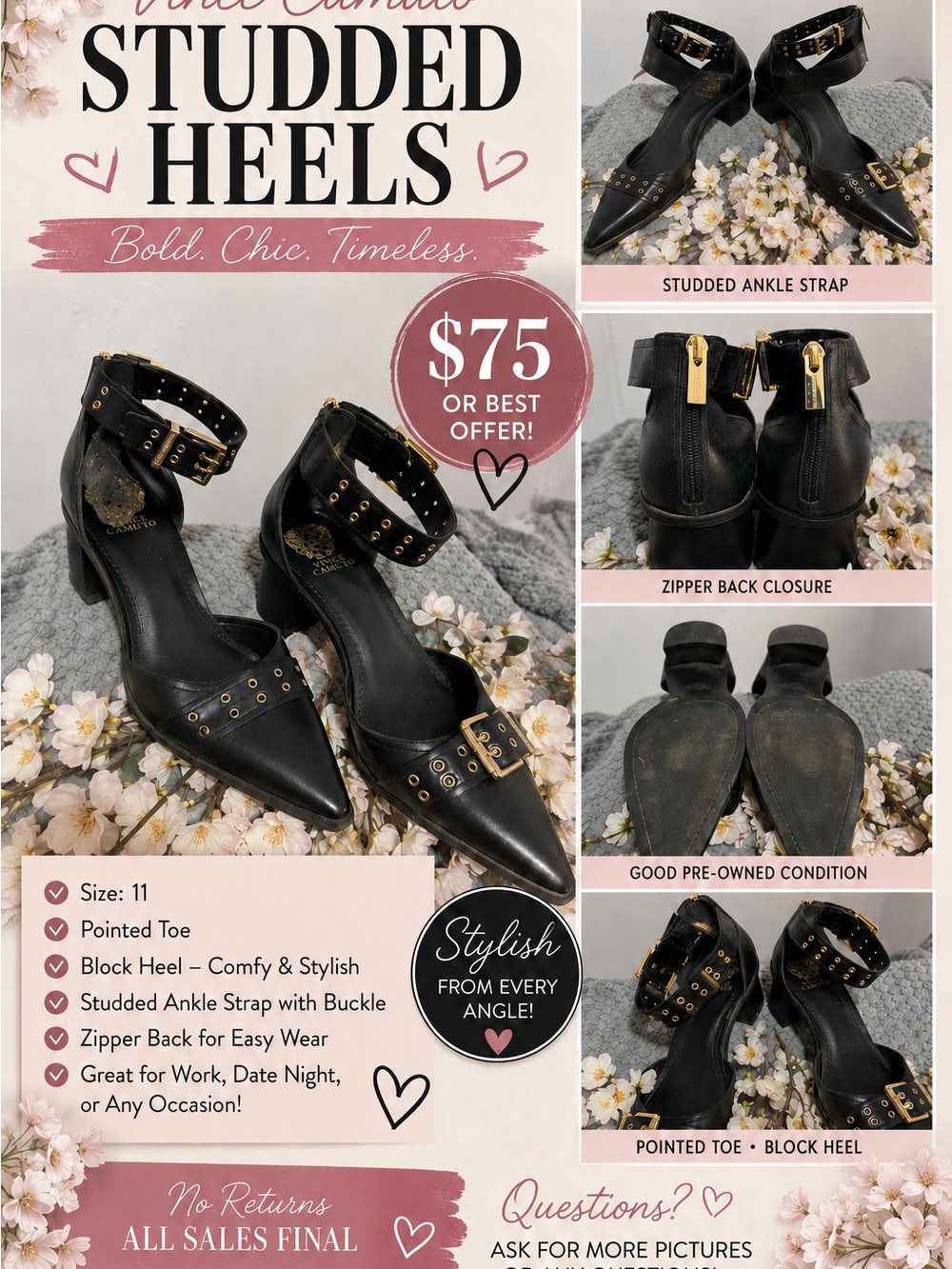 Vince Camuto Black Studded Pointed Toe Block Heels with Ankle Strap
